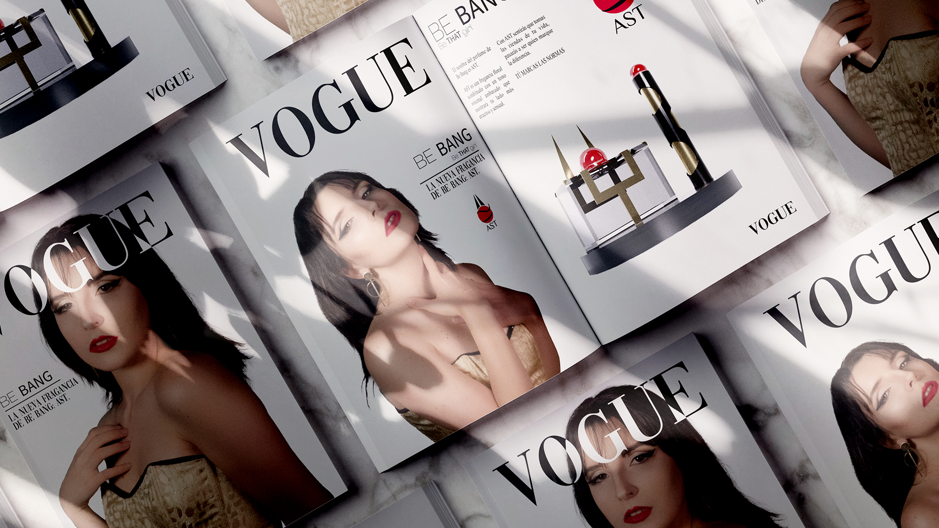 Previsualización de cómo se vería en la revista Vogue la promoción del perfume AST de la marca Be Bang
