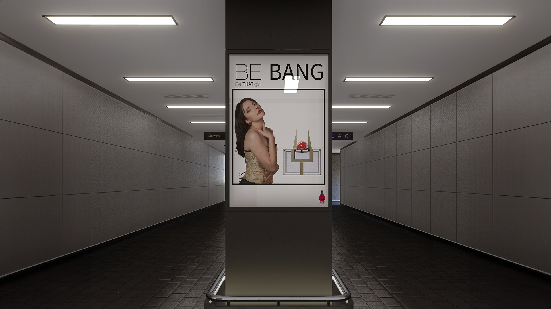 Publicidad en el metro de la modelo con el perfume del perfume AST de la marca Be Bang 