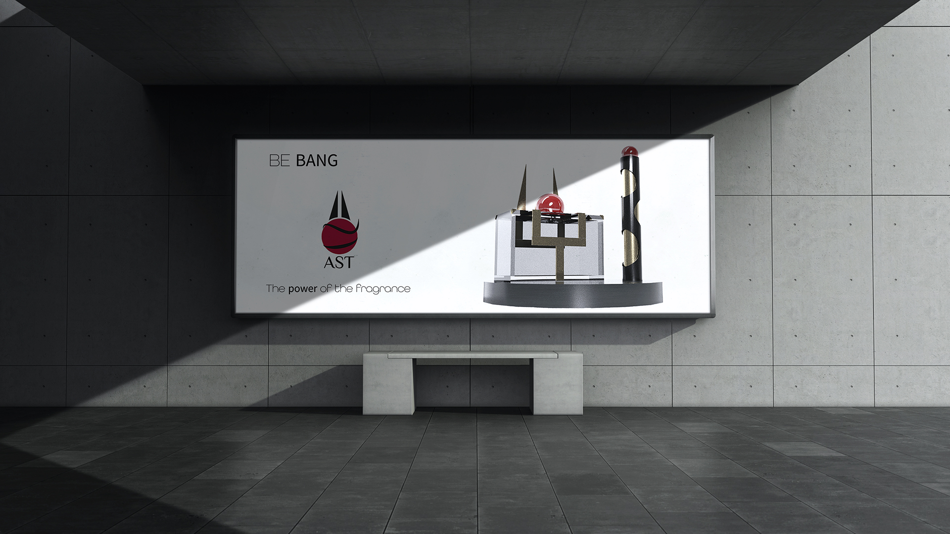 Publicidad en el metro render del frasco y logotipo de la marca del perfume AST de la marca Be Bang