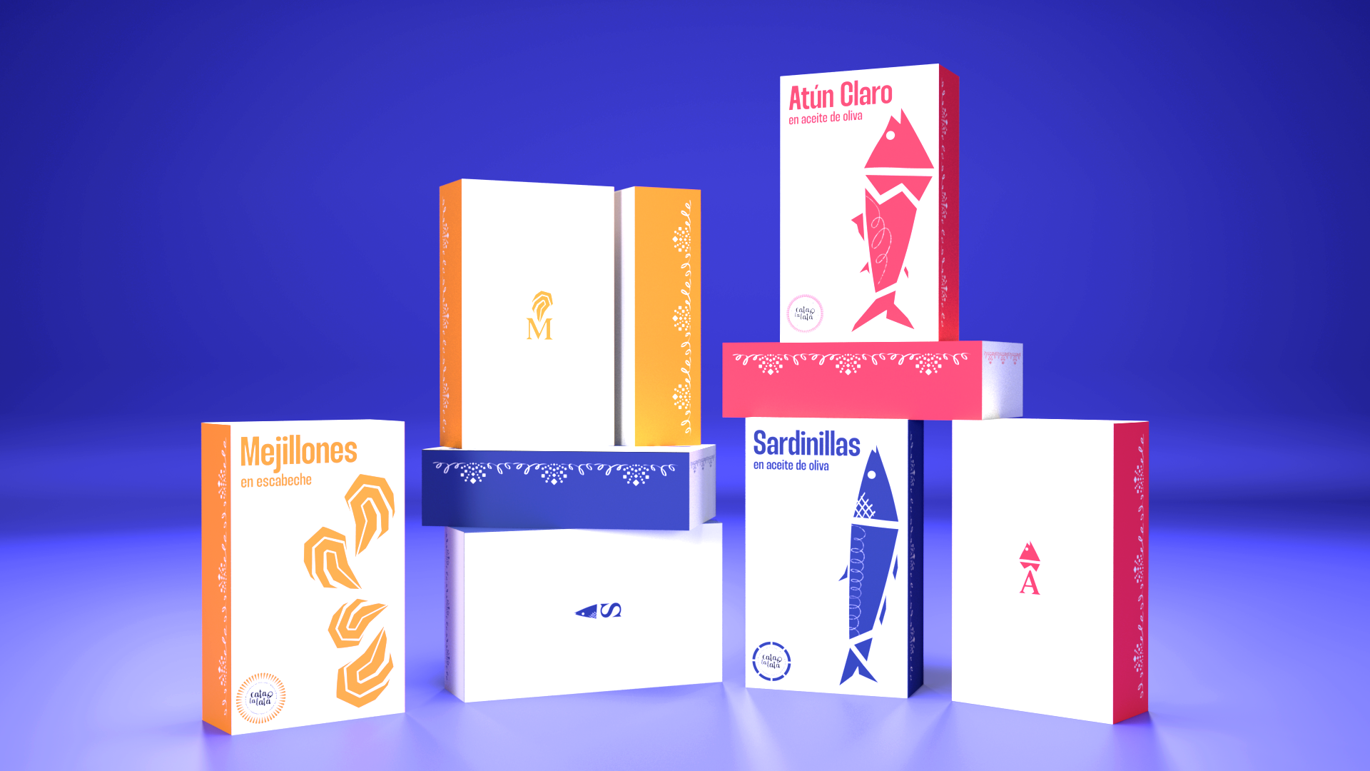 imagen principal del proyecto El sabor de la tradición, se muestran las cajas de conserva apiladas aleatoriamente de mejillones en escabeche (amarillo), atún claro en aceite de oliva (rosa), sardinillas en aceite de oliva(azul)