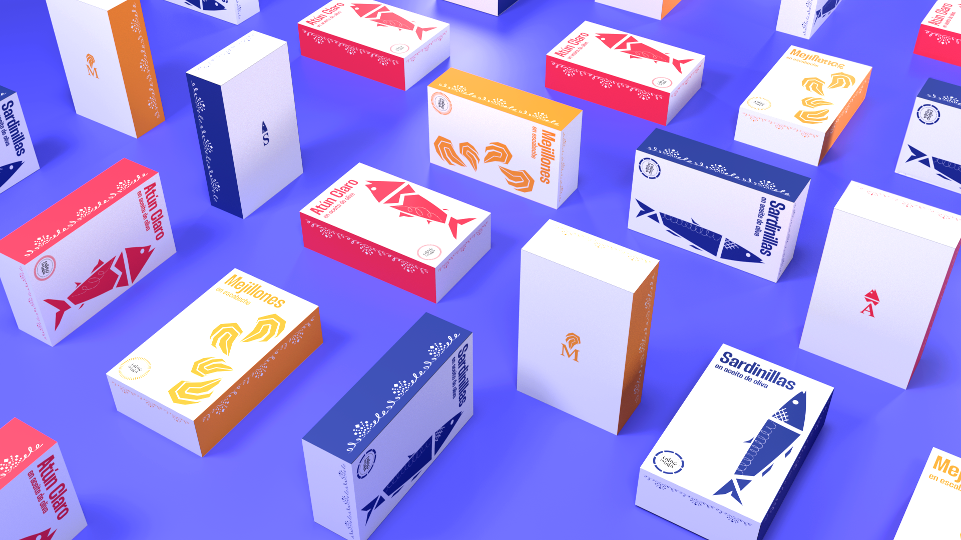 Cajas de conserva colocadas de manera estructural para mostrar las diferentes caras del packaging, de mejillones en escabeche (amarillo), atún claro en aceite de oliva (rosa), sardinillas en aceite de oliva(azul) del proyecto El sabor de la tradición