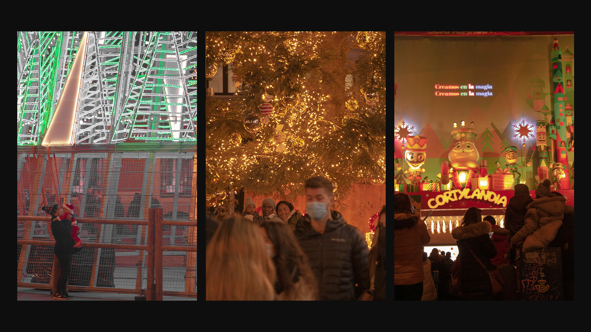 Segunda serie de tres fotografías sobre la Navidad en Madrid. La primera una mujer con un niño pequeño en sus brazos disfrazado de Papá Noel, al lado del árbol de navidad iluminado de Puerta del Sol. La segunda imagen, una familia posando frente al arbol de Navidad iluminado de Plaza España. La tercera una familia observando el espectáculo navideño de Cortylandia
