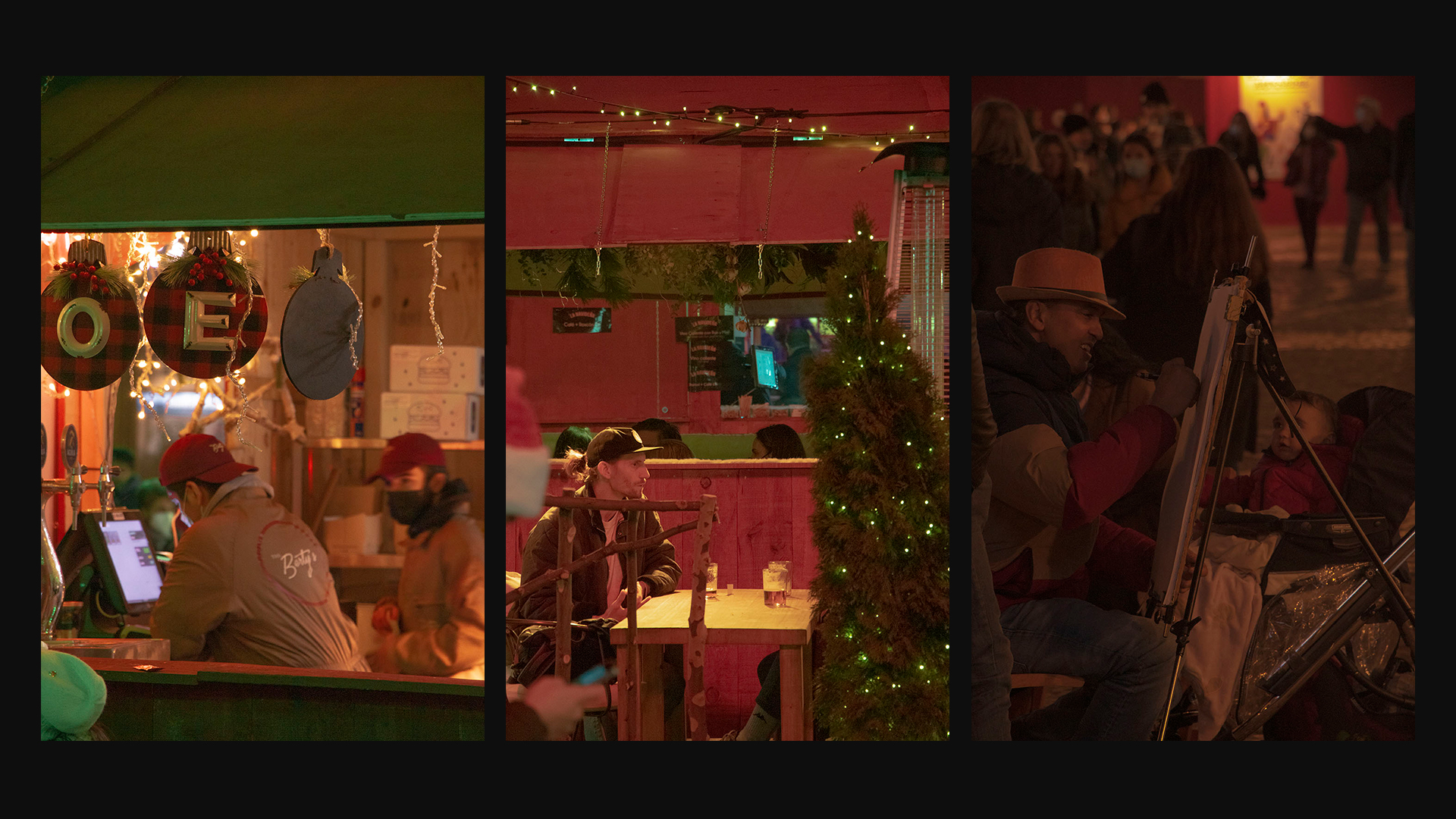 Tercera serie de tres fotografías sobre la Navidad en Madrid. La primera una mujer con unos dependientes de los puestos de plaza españa trabajando. La segunda imagen, una joven teniendo una cita con un árbol navideño en los puestos de comida navideños de Plaza España. La tercera un pintor de Plaza Mayor dibujando el retrato de un niño pequeño