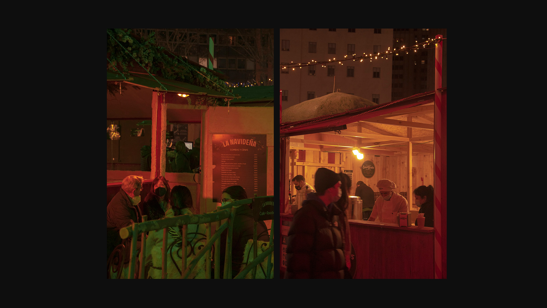 Tercera serie de dos fotografías sobre la Navidad en Madrid. La primera una familia comiendo en uno de los puestos de Plaza España. La segunda imagen, trabajadores de la famosa chocolatería San Ginés en los puestos de comida navideños de Plaza España. La tercera un pintor de Plaza Mayor dibujando el retrato de un niño pequeño