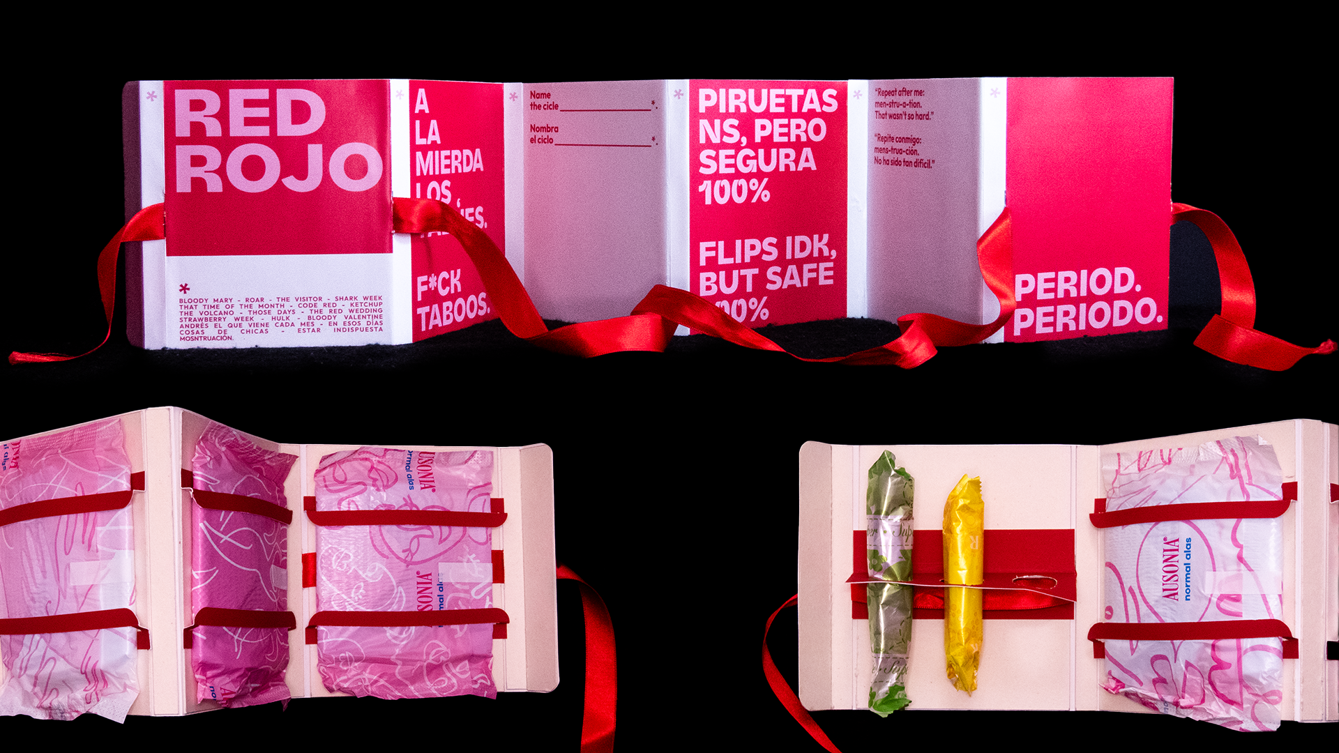 Imagen que muestra el exterior del troquel con forma de acordeon extendido del proyecto sobre una cartera para toallitas menstruales, Red Rojo